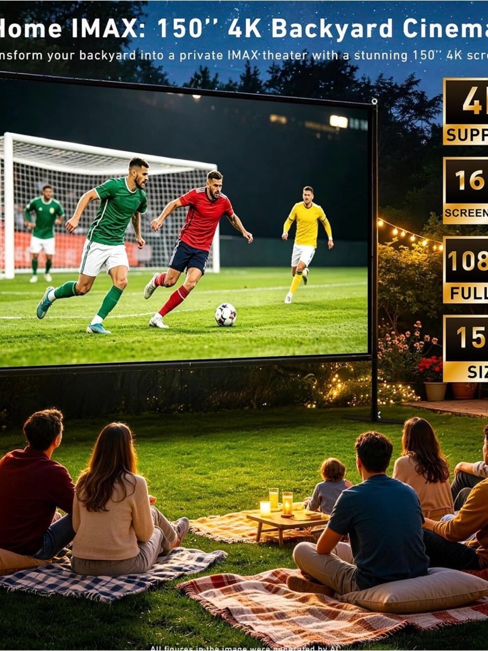 150" Outdoor Movie Screen - Foldable Backyard Projection Screen (Black Frame)